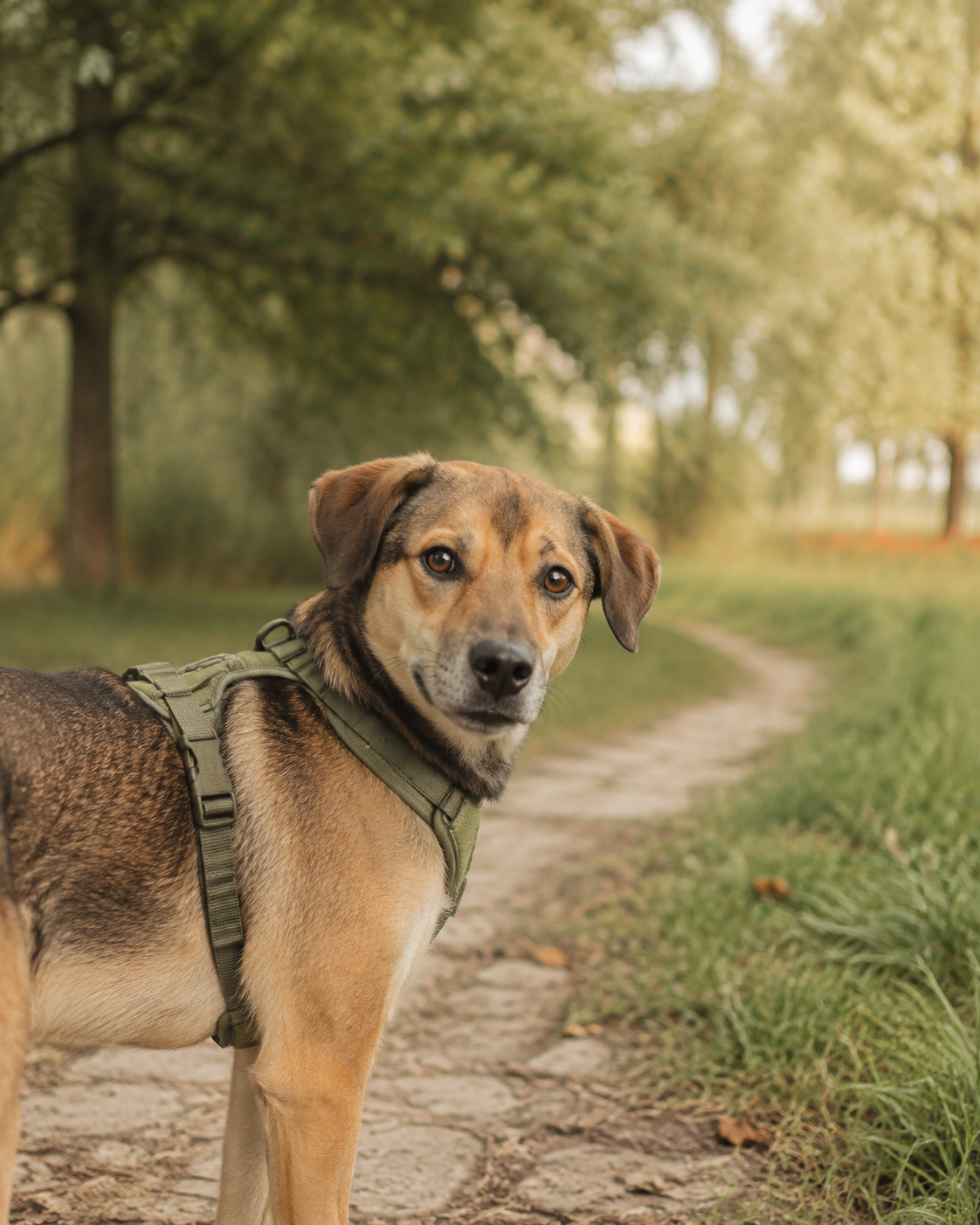 Pies w zielonych szelkach na spacerze